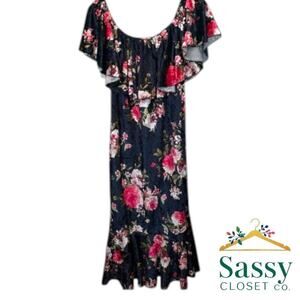 ✨ LULAROE Navy Pink Floral Maxi Dress 2X Ruffle Sleeve Spring 🌸